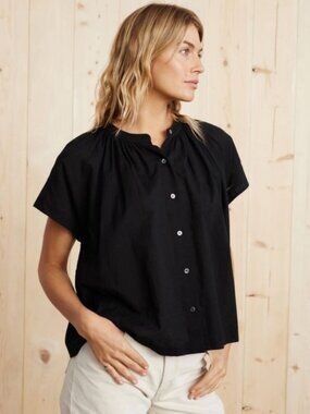 Jenni Kayne Women's Willow Blouse Black Cotton Linen Boxy Relaxed Breezy Size L
